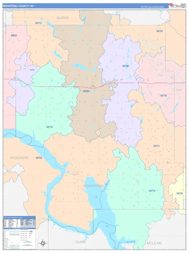Mountrail County, ND ZIP Code Wall Map, ColorCast style