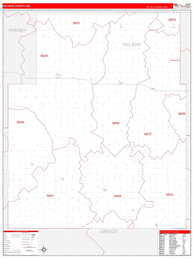 Nelson County, ND ZIP Code Wall Map, RedLine style