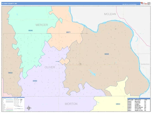 Oliver County, ND ZIP Code Wall Map, ColorCast style