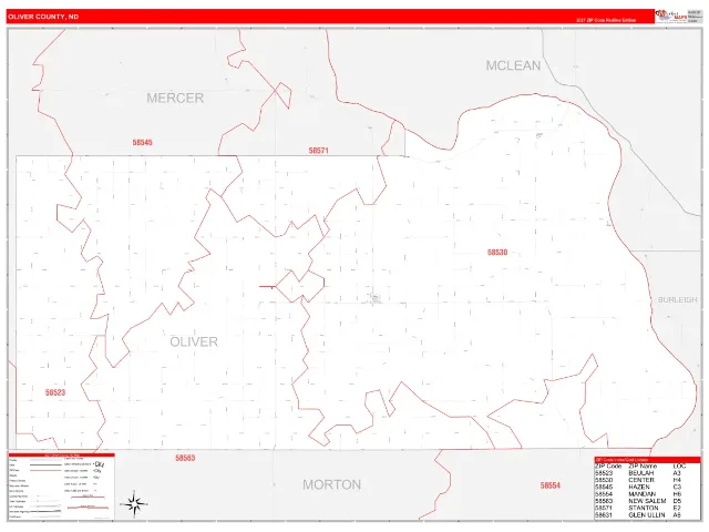 Oliver County, ND ZIP Code Wall Map, RedLine style