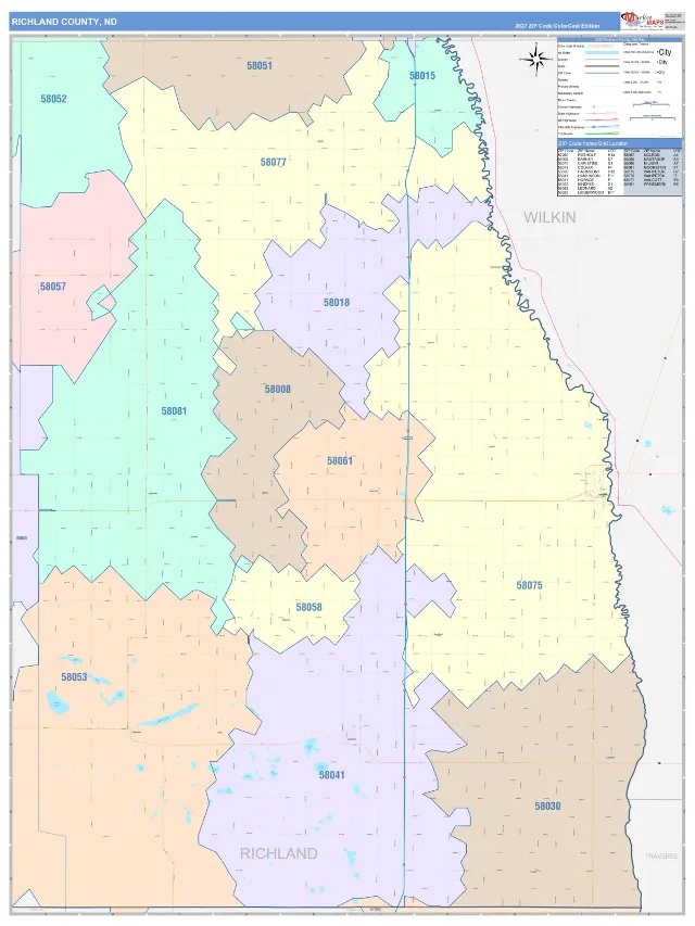 Richland County, ND ZIP Code Wall Map, ColorCast style