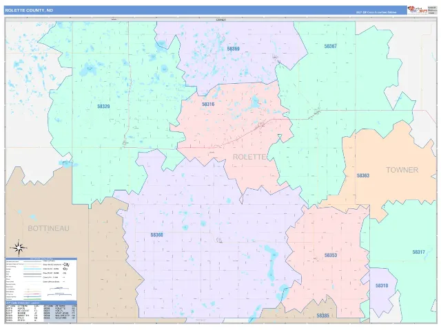 Rolette County, ND ZIP Code Wall Map, ColorCast style