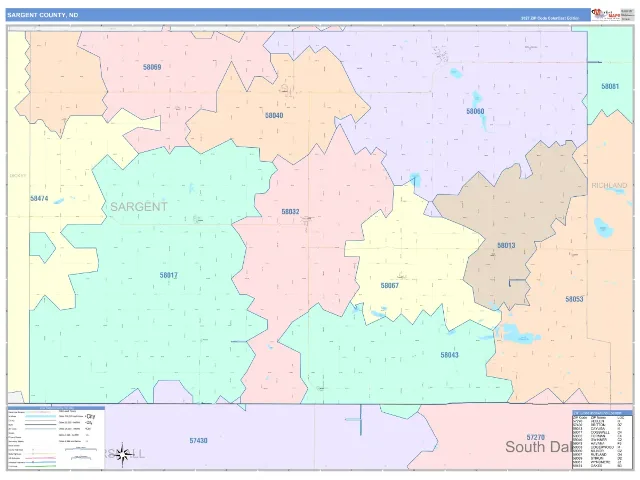Sargent County, ND ZIP Code Wall Map, ColorCast style