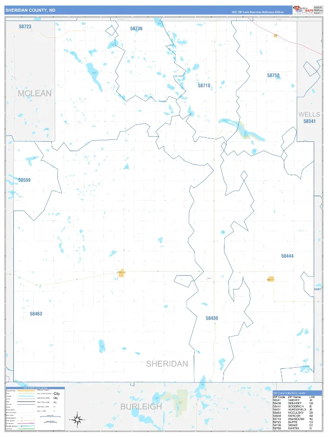 Sheridan County, ND ZIP Code Wall Map, Business Reference style
