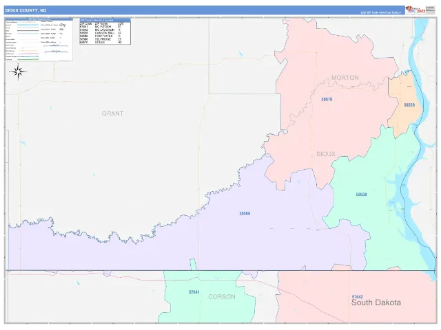Sioux County, ND ZIP Code Wall Map, ColorCast style