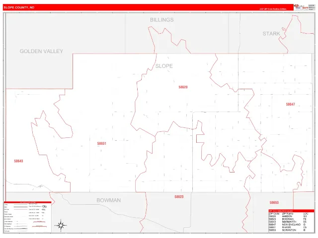 Slope County, ND ZIP Code Wall Map, RedLine style