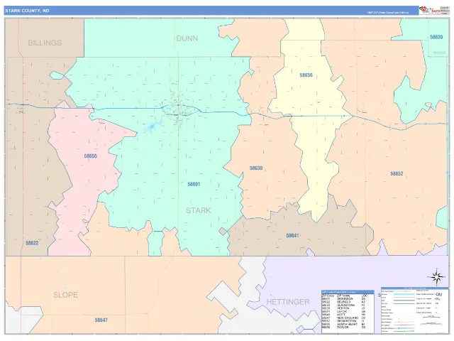 Stark County, ND ZIP Code Wall Map, ColorCast style