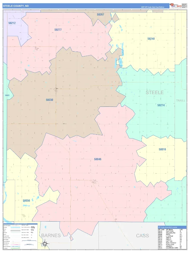 Steele County, ND ZIP Code Wall Map, ColorCast style