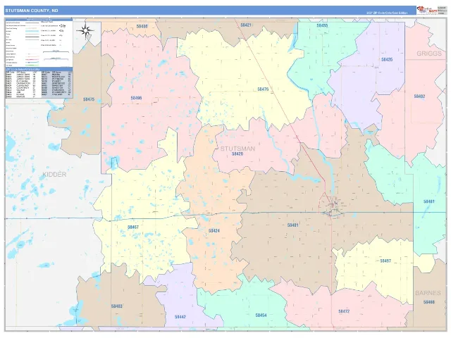 Stutsman County, ND ZIP Code Wall Map, ColorCast style