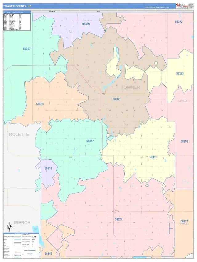 Towner County, ND ZIP Code Wall Map, ColorCast style