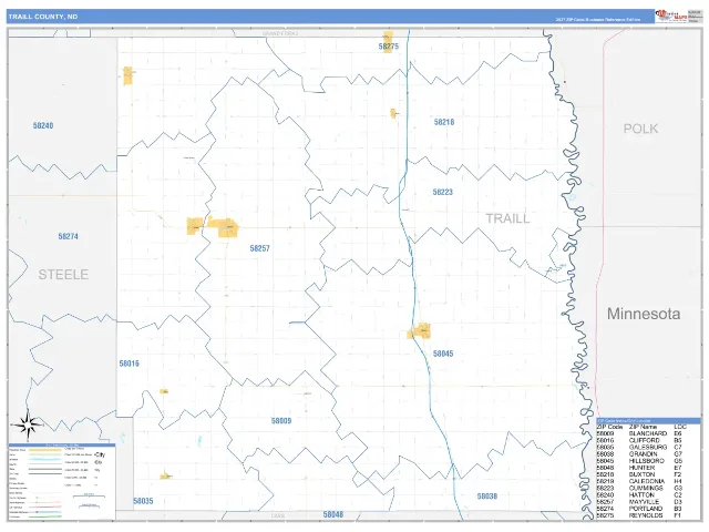 Traill County, ND ZIP Code Wall Map, Business Reference style