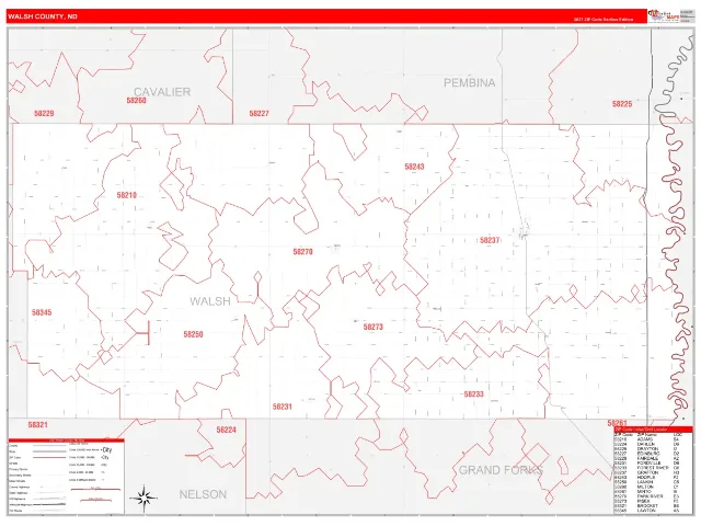 Walsh County, ND ZIP Code Wall Map, RedLine style