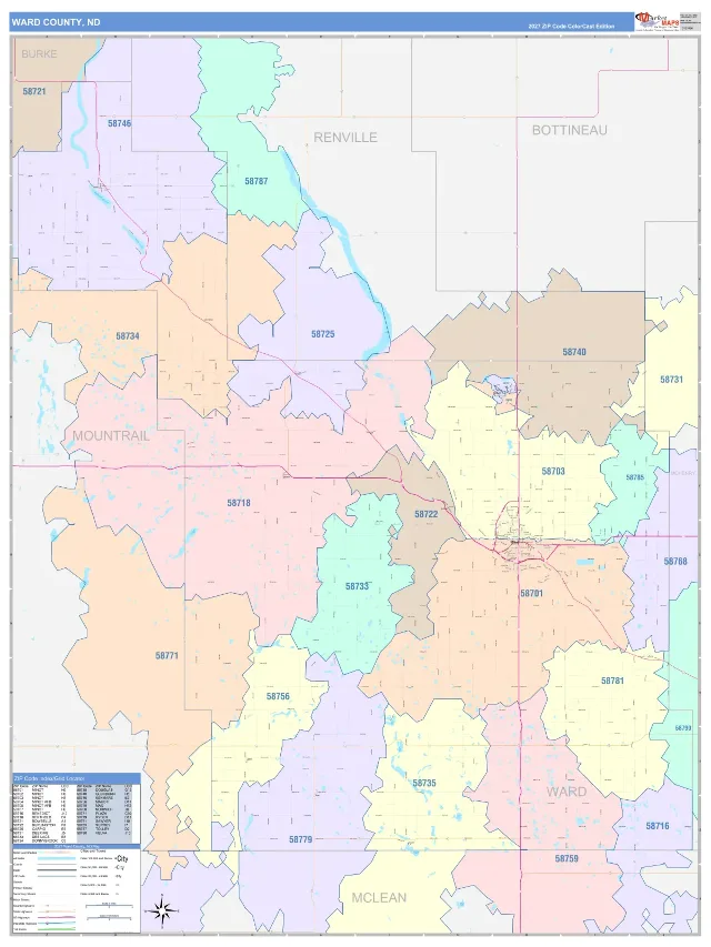 Ward County, ND ZIP Code Wall Map, ColorCast style