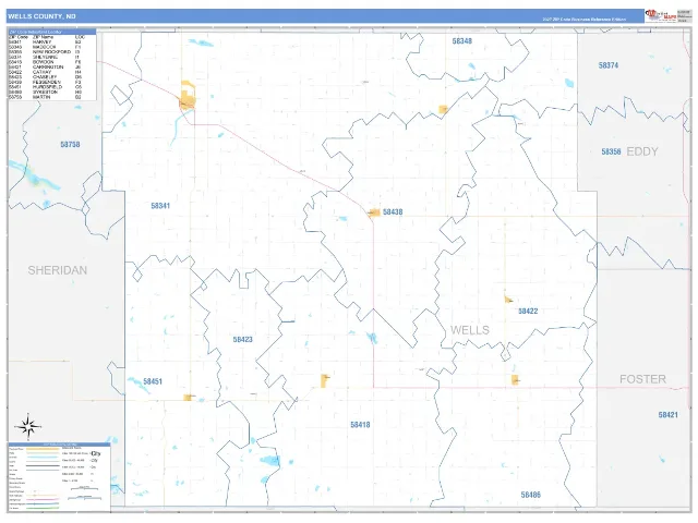 Wells County, ND ZIP Code Wall Map, Business Reference style