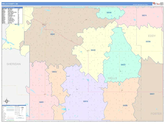 Wells County, ND ZIP Code Wall Map, ColorCast style