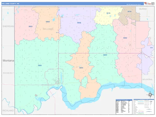 Williams County, ND ZIP Code Wall Map, ColorCast style