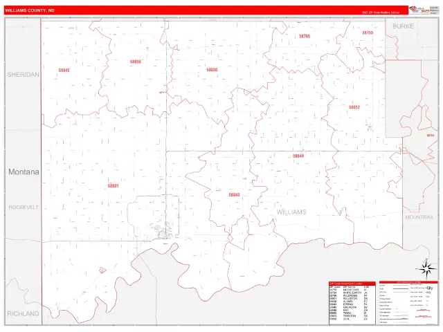 Williams County, ND ZIP Code Wall Map, RedLine style