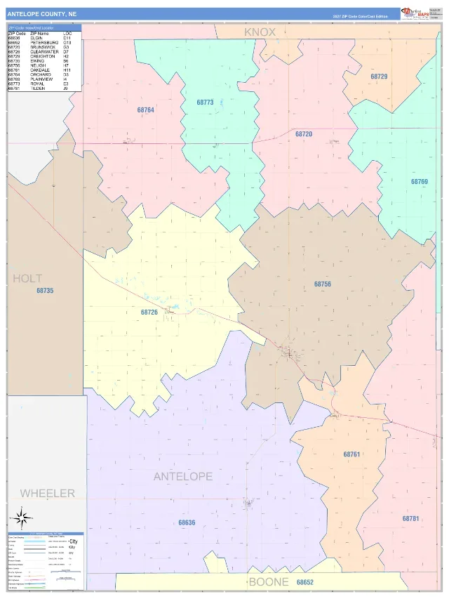 Antelope County, NE ZIP Code Wall Map, ColorCast style