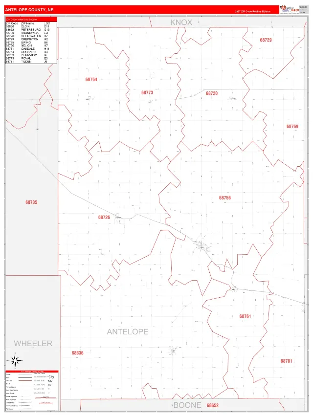 Antelope County, NE ZIP Code Wall Map, RedLine style