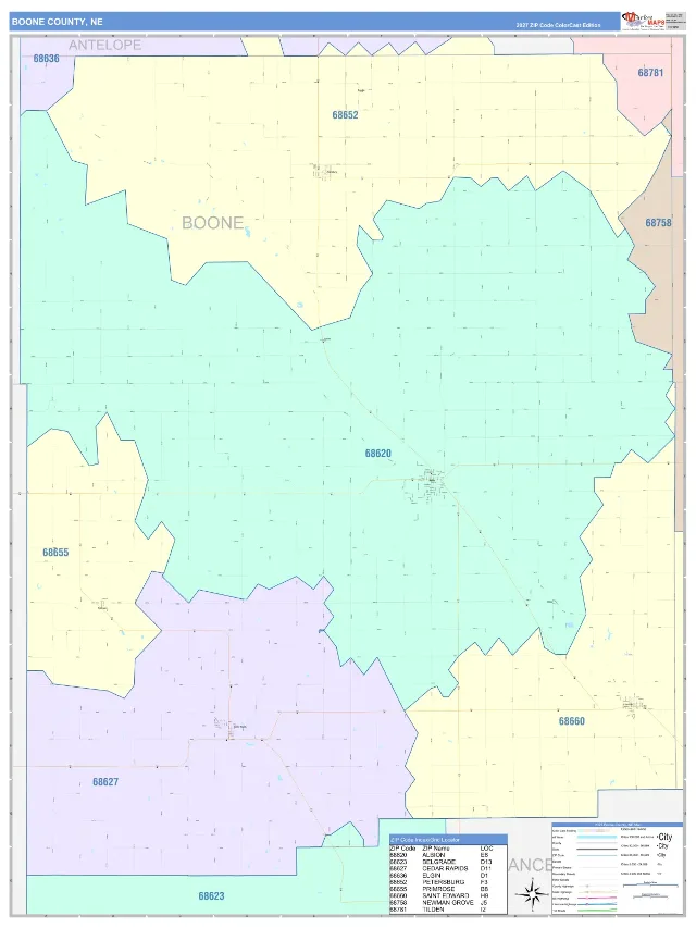 Boone County, NE ZIP Code Wall Map, ColorCast style