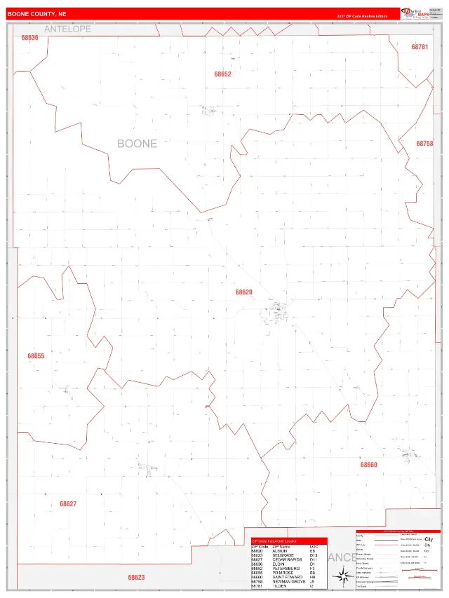 Boone County, NE ZIP Code Wall Map, RedLine style