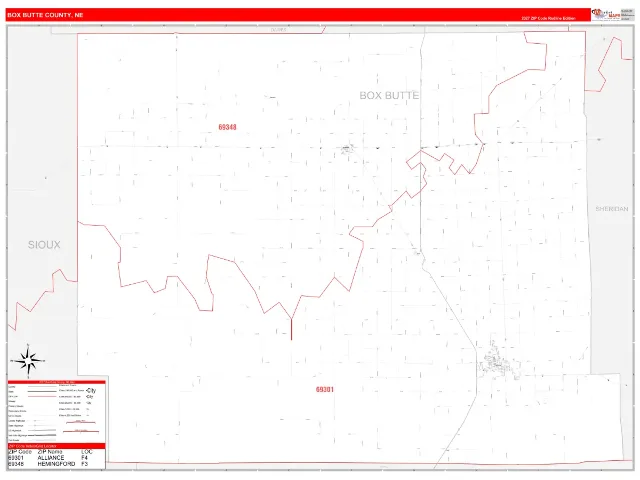 Box Butte County, NE ZIP Code Wall Map, RedLine style
