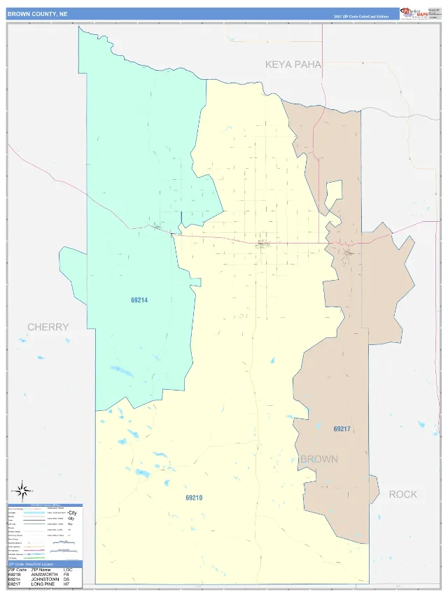 Brown County, NE ZIP Code Wall Map, ColorCast style