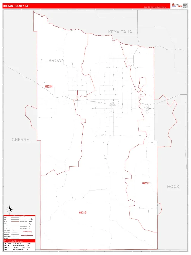 Brown County, NE ZIP Code Wall Map, RedLine style
