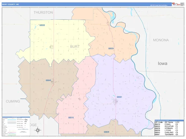 Burt County, NE ZIP Code Wall Map, ColorCast style