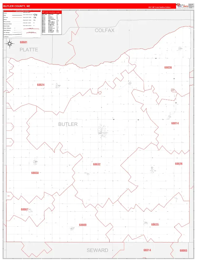 Butler County, NE ZIP Code Wall Map, RedLine style