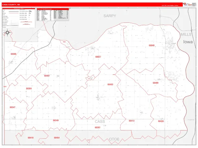 Cass County, NE ZIP Code Wall Map, RedLine style