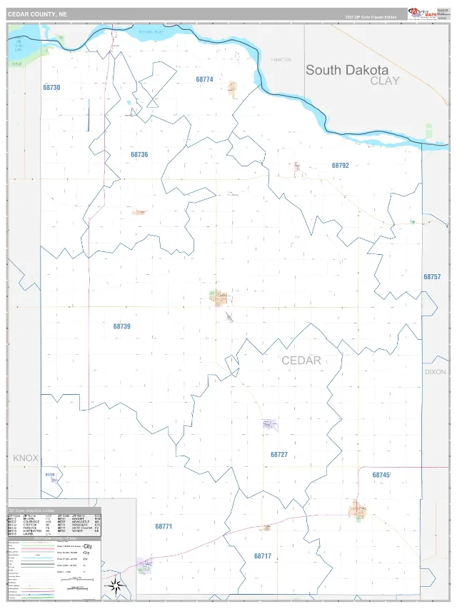 Cedar County, NE ZIP Code Wall Map, Classic style