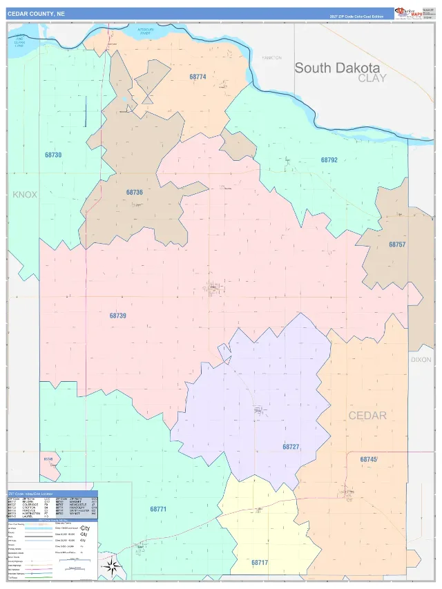 Cedar County, NE ZIP Code Wall Map, ColorCast style