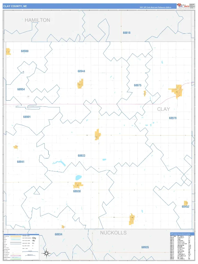 Clay County, NE ZIP Code Wall Map, Business Reference style
