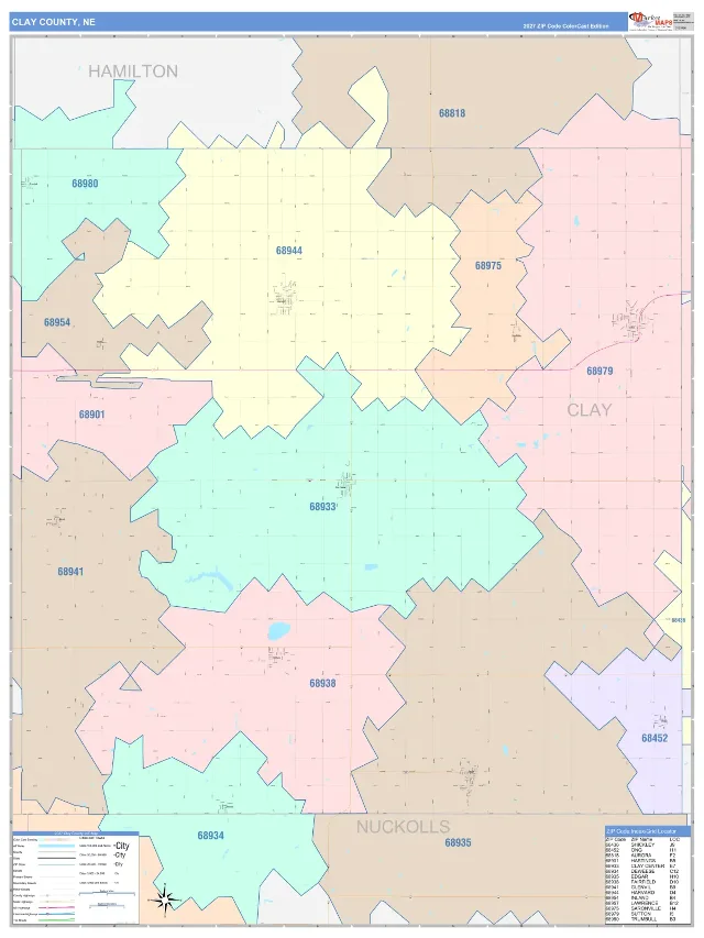 Clay County, NE ZIP Code Wall Map, ColorCast style