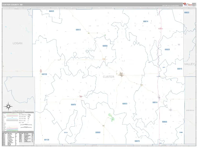 Custer County, NE ZIP Code Wall Map, Classic style