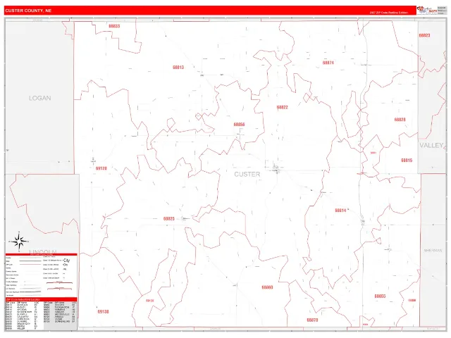 Custer County, NE ZIP Code Wall Map, RedLine style