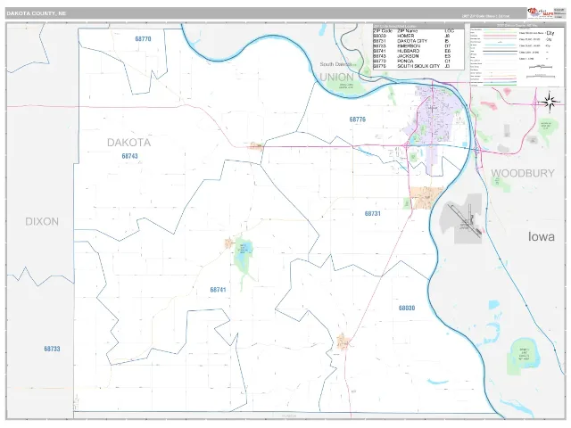Dakota County, NE ZIP Code Wall Map, Classic style