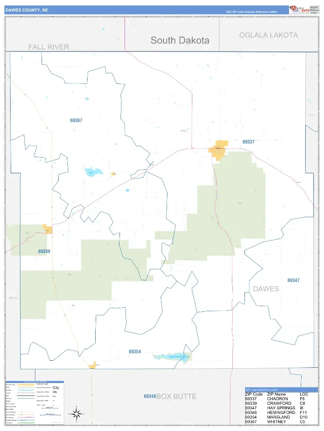 Dawes County, NE ZIP Code Wall Map, Business Reference style
