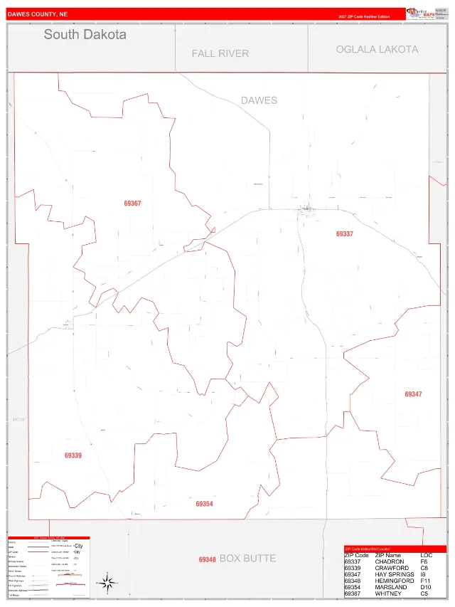 Dawes County, NE ZIP Code Wall Map, RedLine style