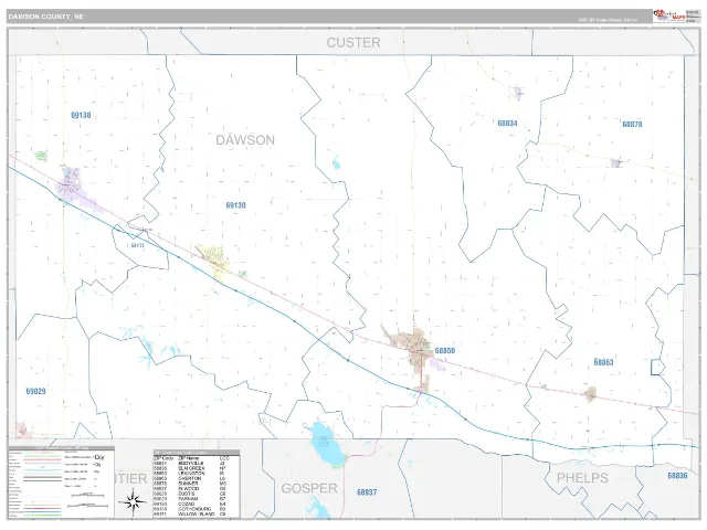 Dawson County, NE ZIP Code Wall Map, Classic style
