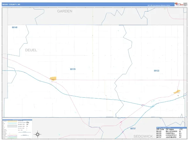 Deuel County, NE ZIP Code Wall Map, Business Reference style