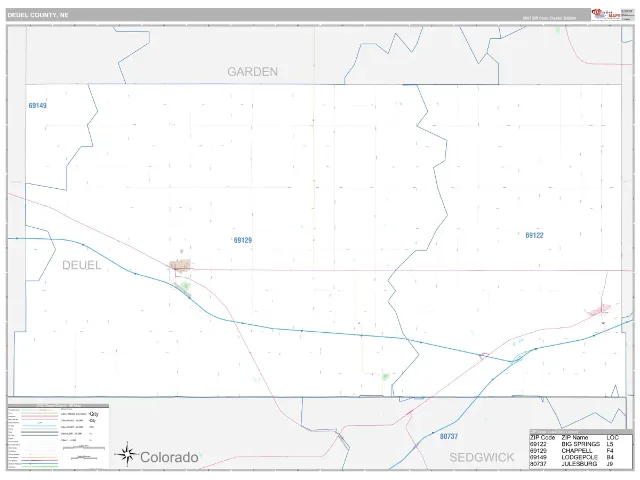 Deuel County, NE ZIP Code Wall Map, Classic style