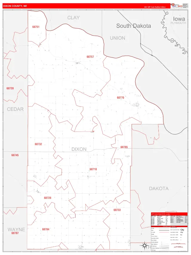 Dixon County, NE ZIP Code Wall Map, RedLine style