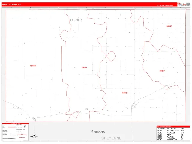 Dundy County, NE ZIP Code Wall Map, RedLine style