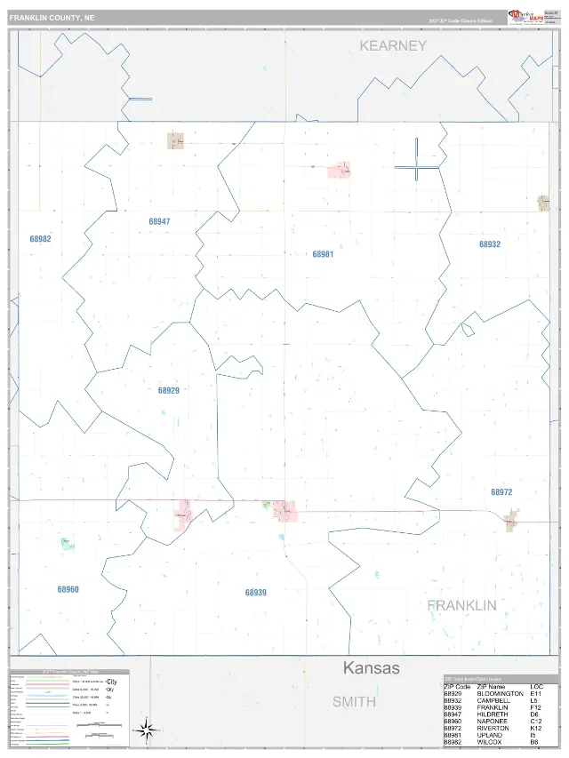 Franklin County, NE ZIP Code Wall Map, Classic style