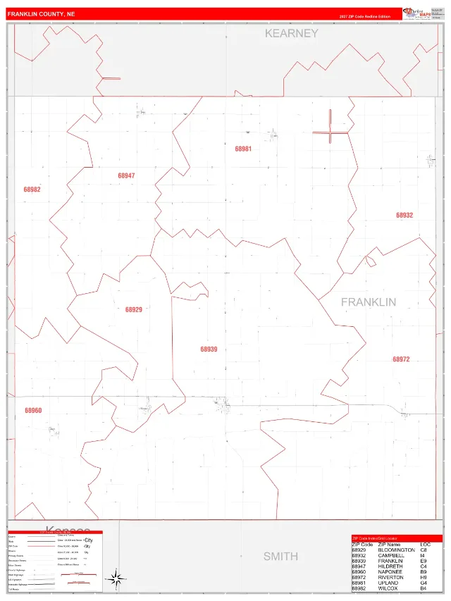 Franklin County, NE ZIP Code Wall Map, RedLine style
