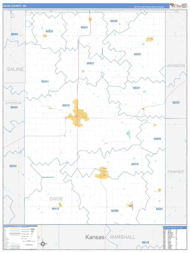 Gage County, NE ZIP Code Wall Map, Business Reference style