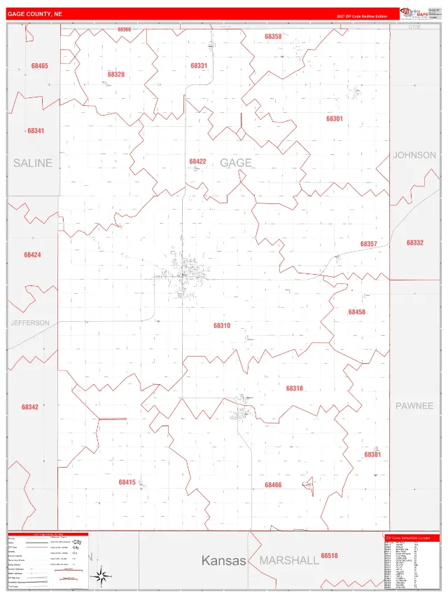 Gage County, NE ZIP Code Wall Map, RedLine style