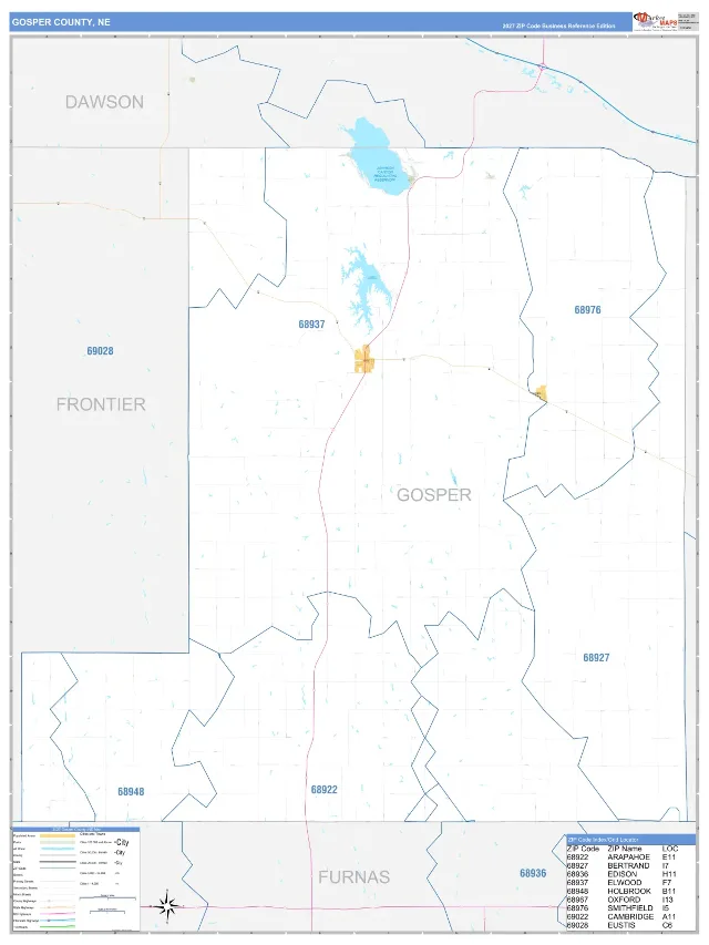 Gosper County, NE ZIP Code Wall Map, Business Reference style